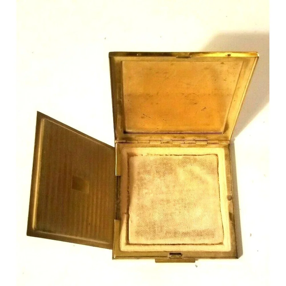Mid Century Etched Brass Goldtone Powder Compact